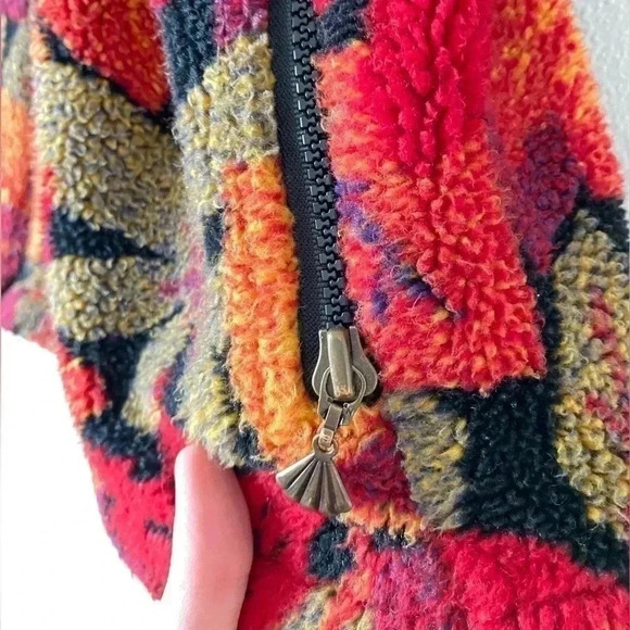 Vintage Retro Autumn Fall Leaves 90s Fleece Mock Neck Full Zip Vest Size Large - Picture 4 of 5